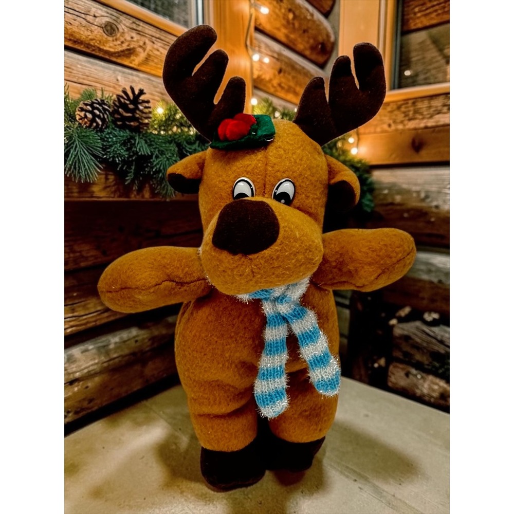 Vintage Kellytoy Reindeer Plush Toy 10in Brown 2000 Holiday Scarf Hat